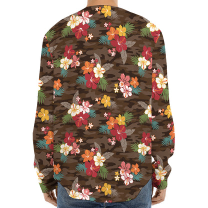 Brown Camo Hibiscus Flower Print Long Sleeve Baseball Jersey