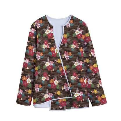 Brown Camo Hibiscus Flower Print Long Sleeve Short Coat