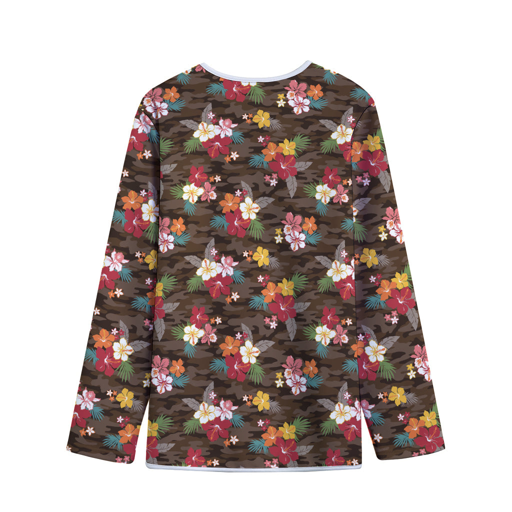 Brown Camo Hibiscus Flower Print Long Sleeve Short Coat