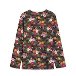 Brown Camo Hibiscus Flower Print Long Sleeve Short Coat