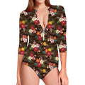 Brown Camo Hibiscus Flower Print Long Sleeve Swimsuit