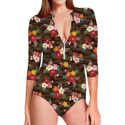 Brown Camo Hibiscus Flower Print Long Sleeve Swimsuit