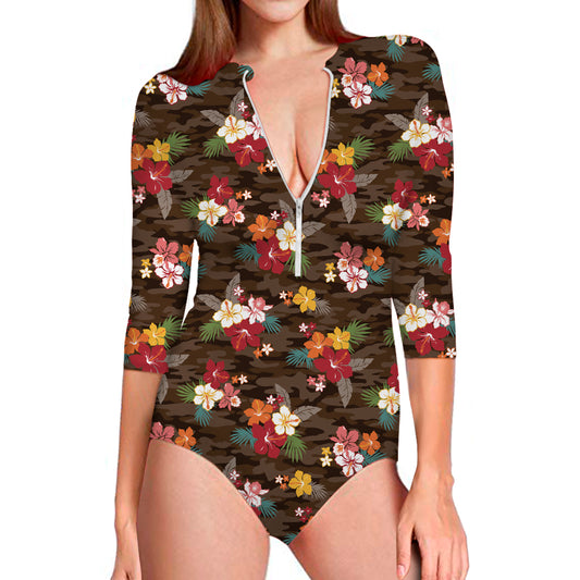 Brown Camo Hibiscus Flower Print Long Sleeve Swimsuit