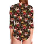 Brown Camo Hibiscus Flower Print Long Sleeve Swimsuit