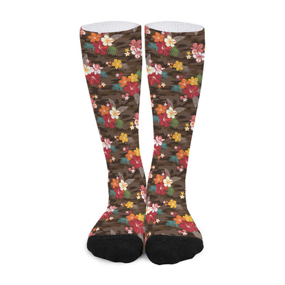 Brown Camo Hibiscus Flower Print Long Socks