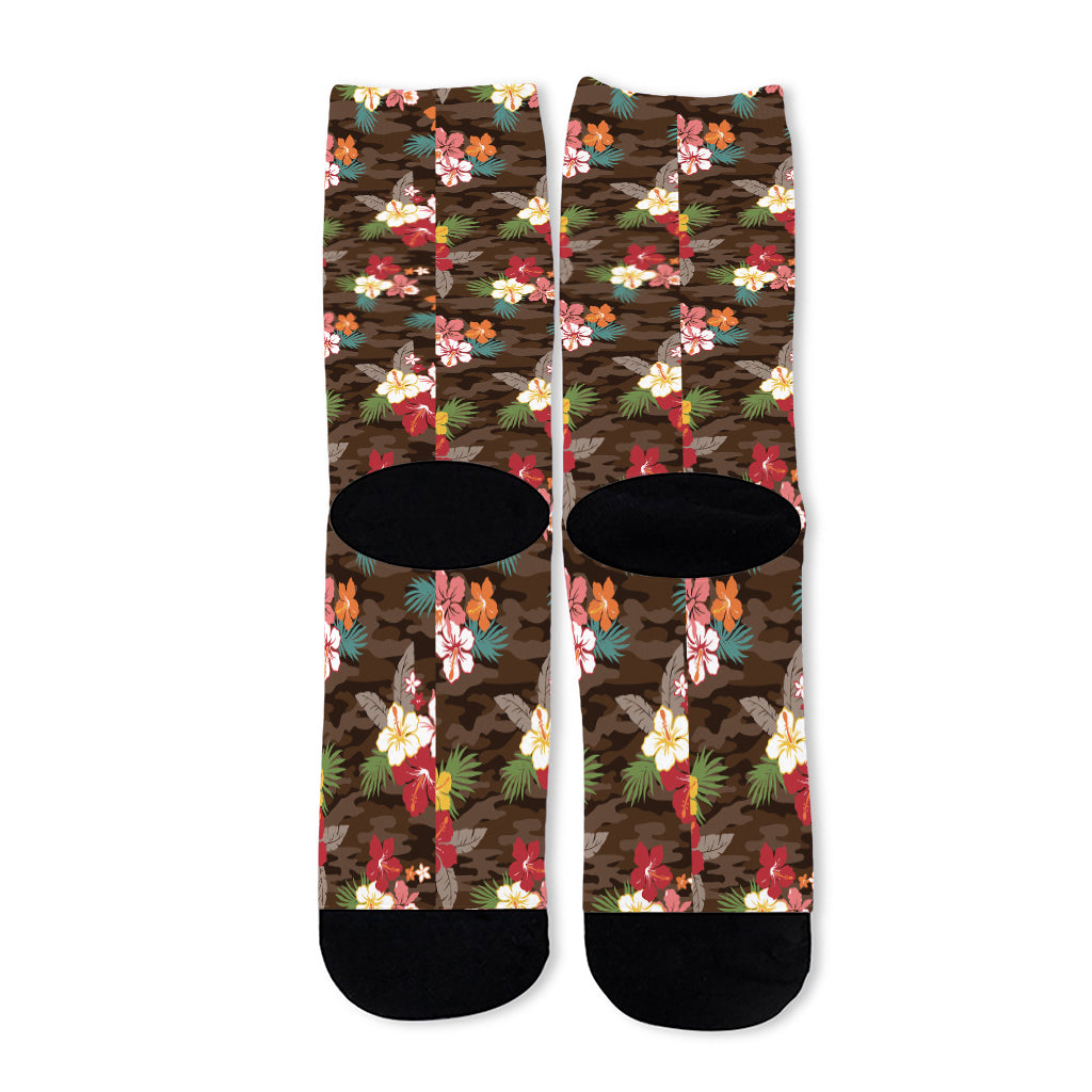 Brown Camo Hibiscus Flower Print Long Socks
