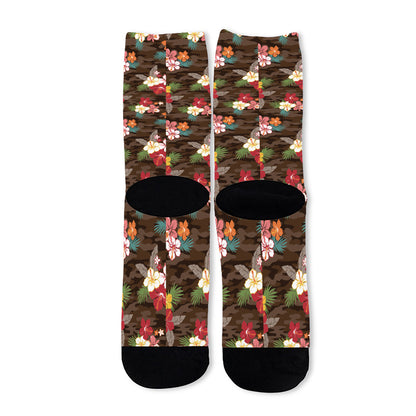 Brown Camo Hibiscus Flower Print Long Socks