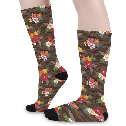 Brown Camo Hibiscus Flower Print Long Socks