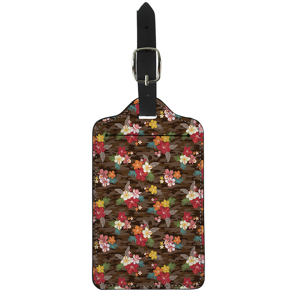 Brown Camo Hibiscus Flower Print Luggage Tag