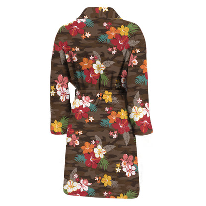 Brown Camo Hibiscus Flower Print Men's Bathrobe