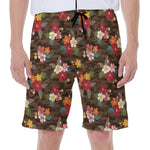 Brown Camo Hibiscus Flower Print Men's Beach Shorts