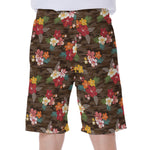 Brown Camo Hibiscus Flower Print Men's Beach Shorts