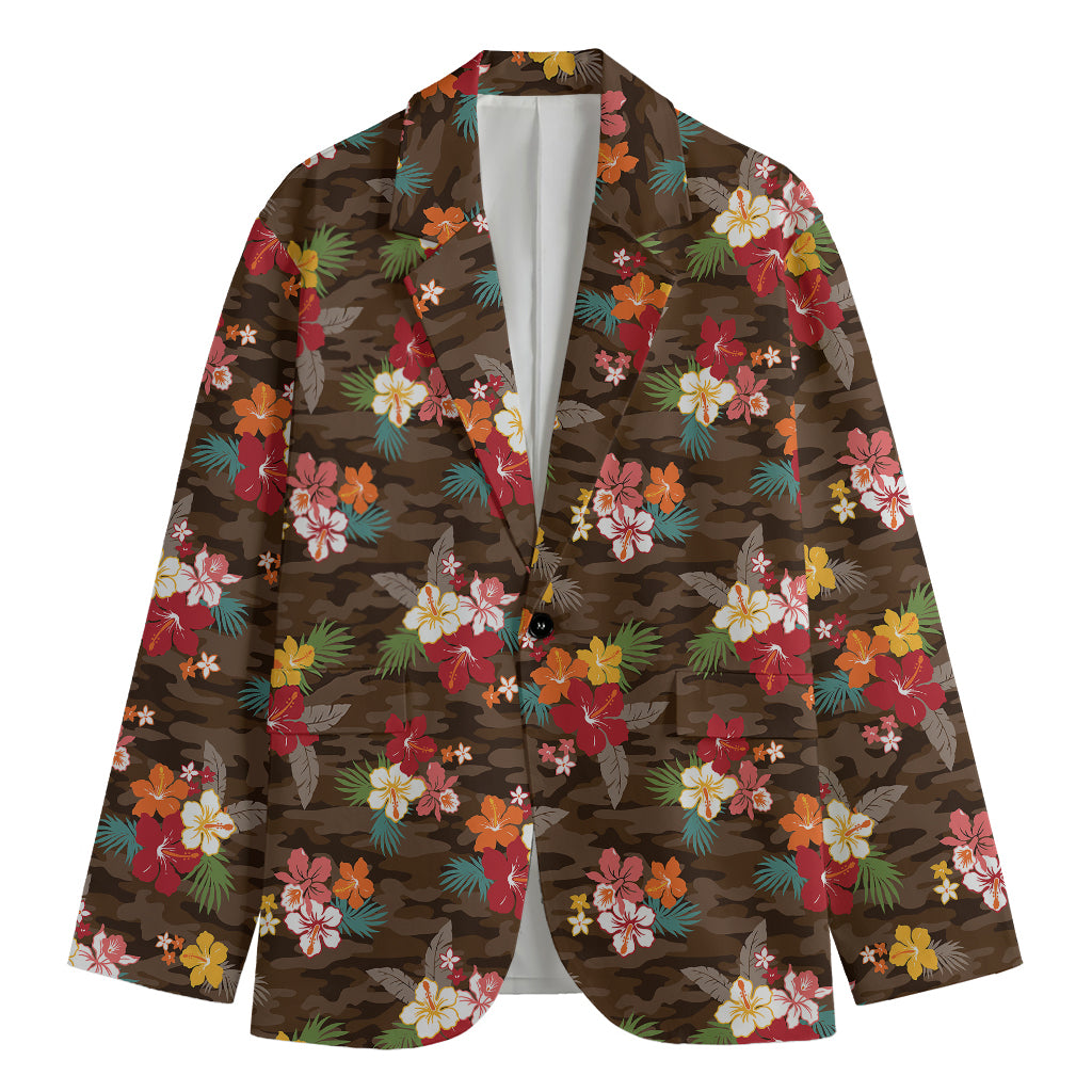 Brown Camo Hibiscus Flower Print Men's Blazer