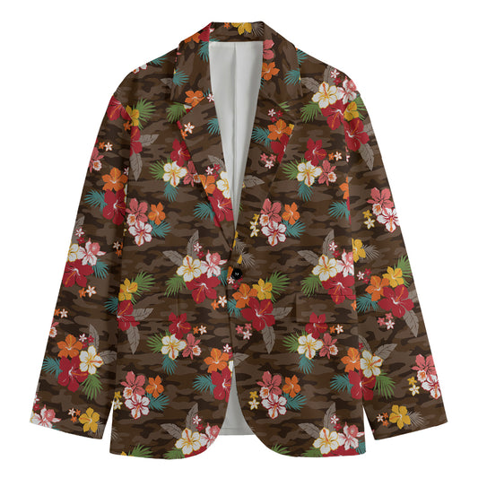 Brown Camo Hibiscus Flower Print Men's Blazer