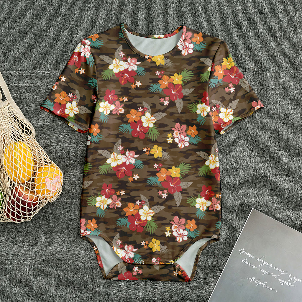 Brown Camo Hibiscus Flower Print Men's Bodysuit