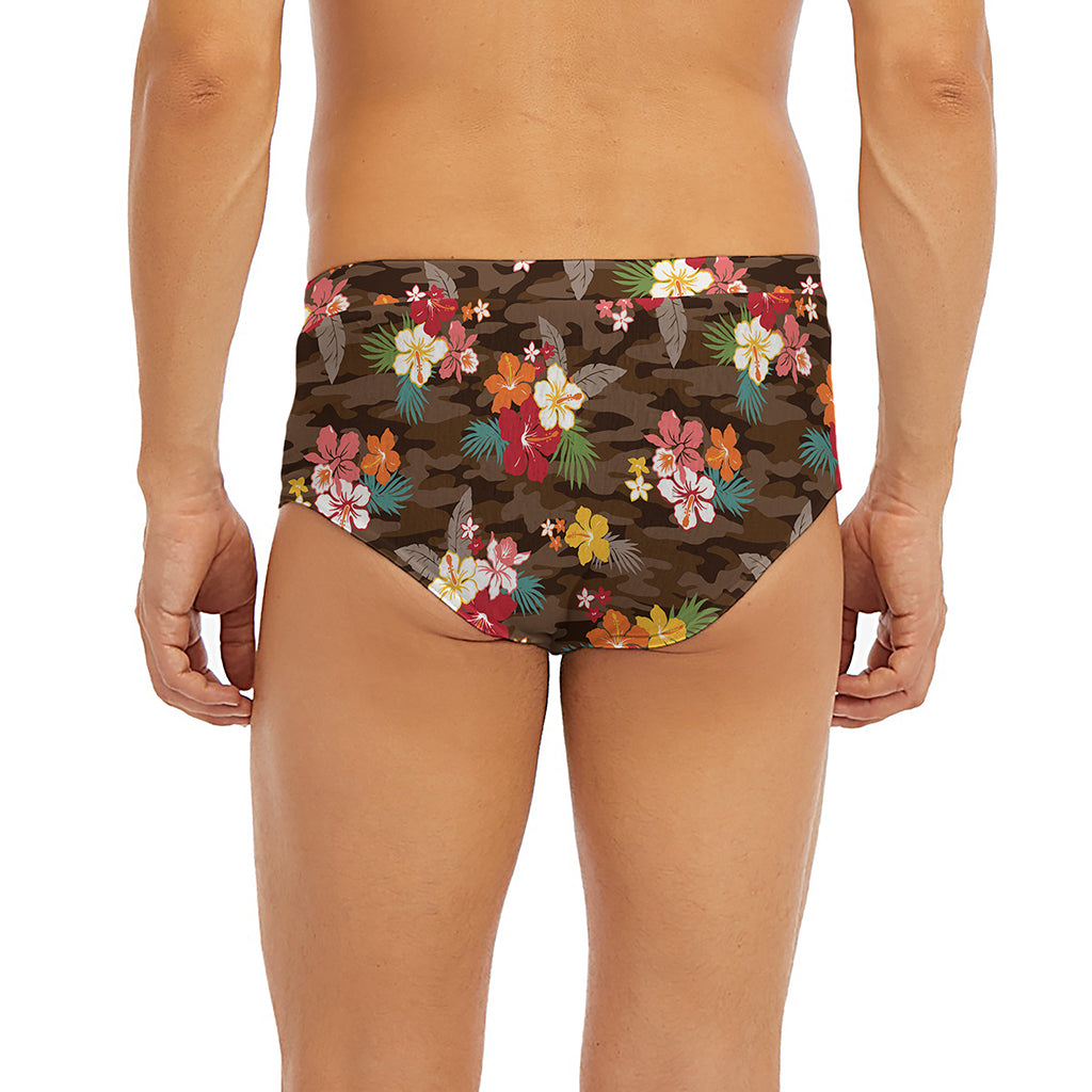 Brown Camo Hibiscus Flower Print Men's Briefs