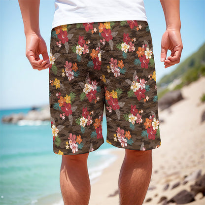 Brown Camo Hibiscus Flower Print Men's Cargo Shorts