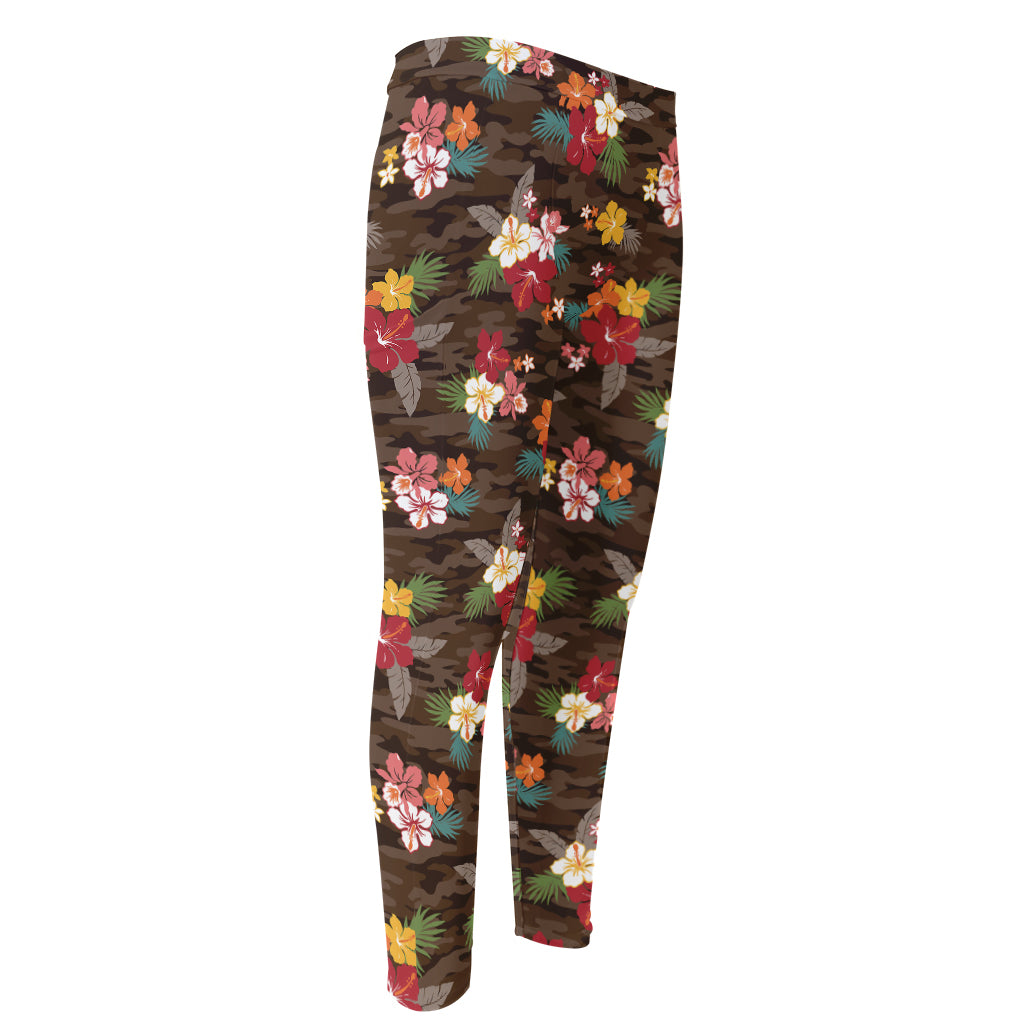 Brown Camo Hibiscus Flower Print Men's Compression Pants