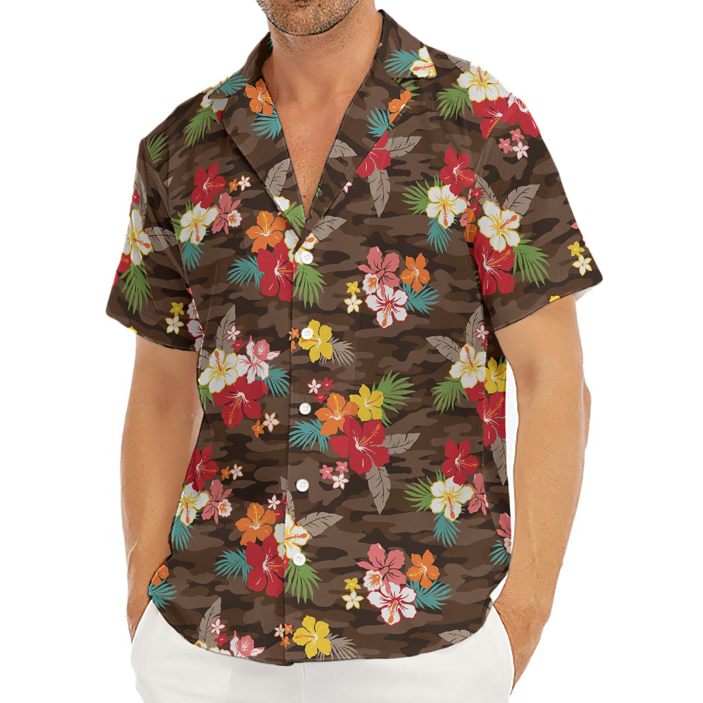 Brown Camo Hibiscus Flower Print Men's Deep V-Neck Shirt