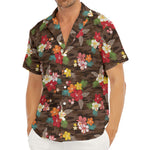 Brown Camo Hibiscus Flower Print Men's Deep V-Neck Shirt