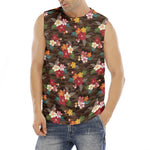 Brown Camo Hibiscus Flower Print Men's Fitness Tank Top