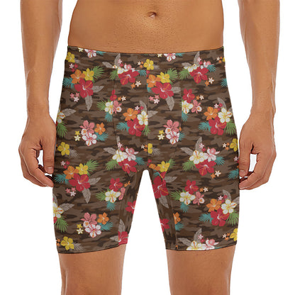 Brown Camo Hibiscus Flower Print Men's Long Boxer Briefs