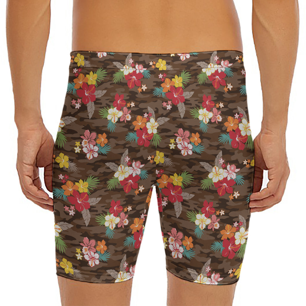 Brown Camo Hibiscus Flower Print Men's Long Boxer Briefs