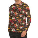 Brown Camo Hibiscus Flower Print Men's Long Sleeve Rash Guard