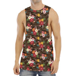 Brown Camo Hibiscus Flower Print Men's Muscle Tank Top