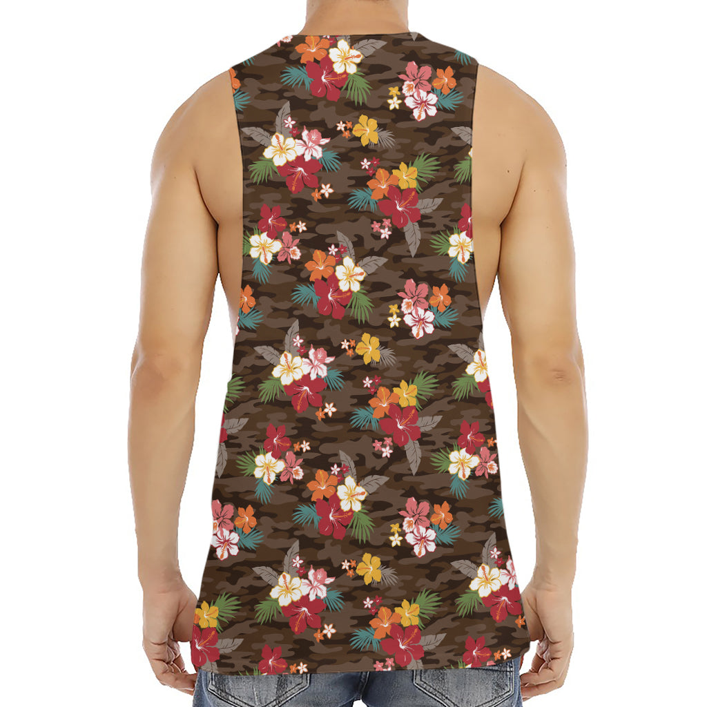 Brown Camo Hibiscus Flower Print Men's Muscle Tank Top