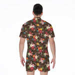 Brown Camo Hibiscus Flower Print Men's Rompers