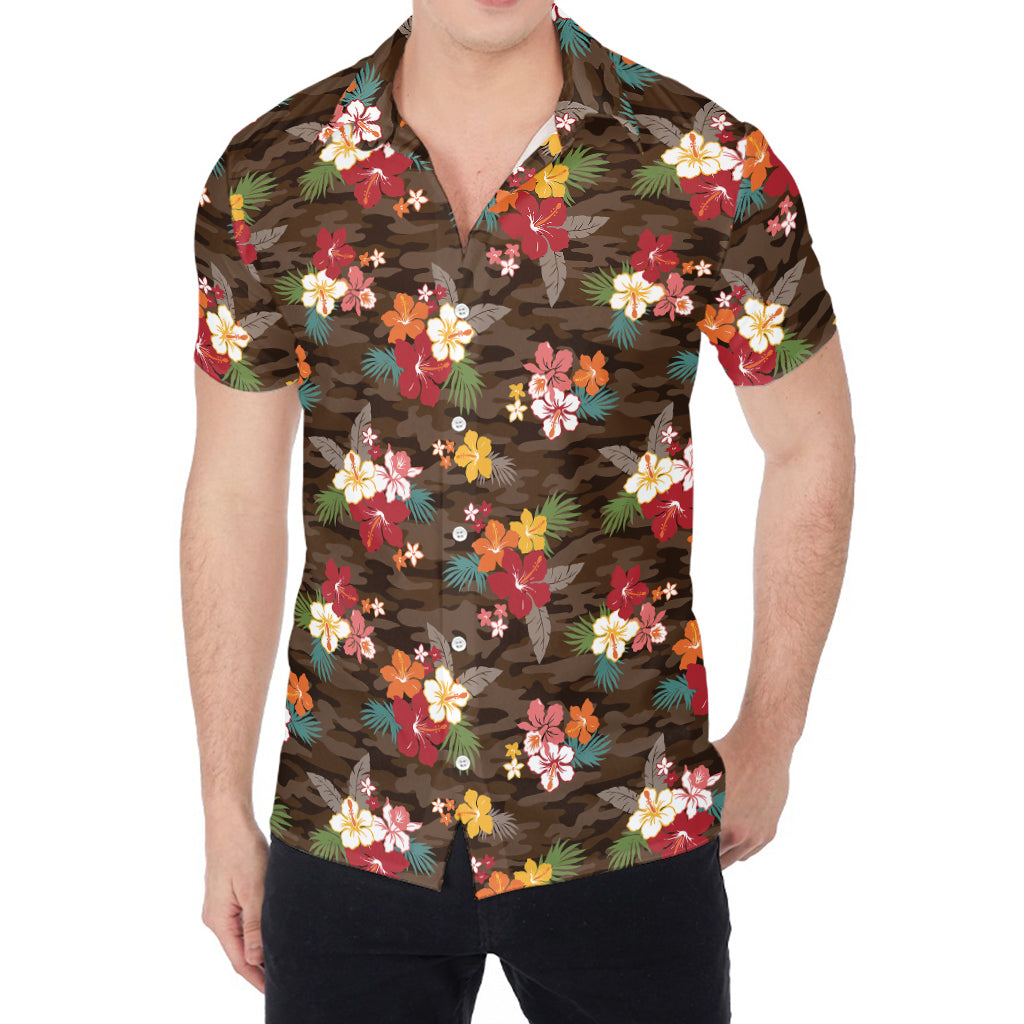 Brown Camo Hibiscus Flower Print Men's Shirt