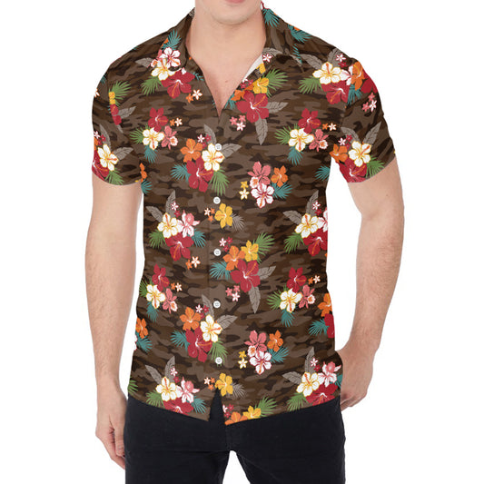 Brown Camo Hibiscus Flower Print Men's Shirt