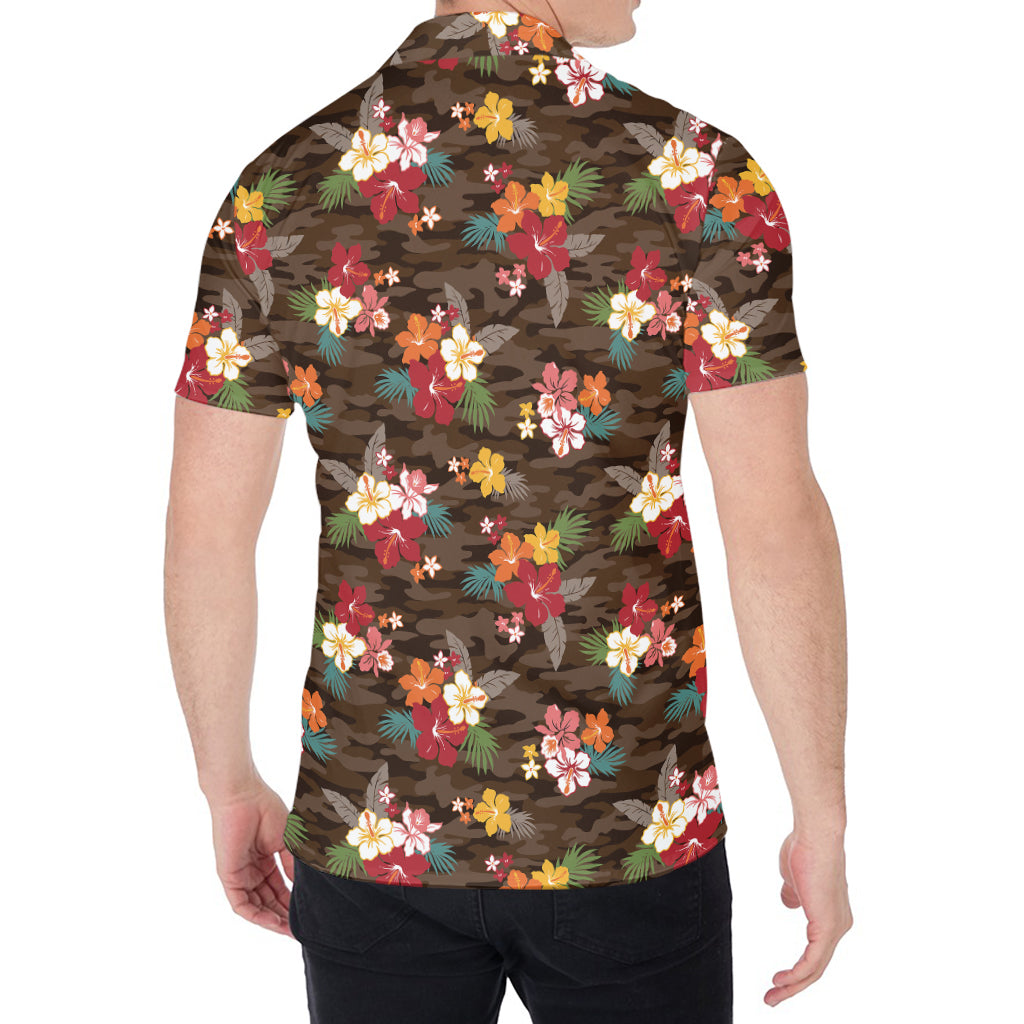 Brown Camo Hibiscus Flower Print Men's Shirt