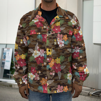 Brown Camo Hibiscus Flower Print Men's Shirt Jacket