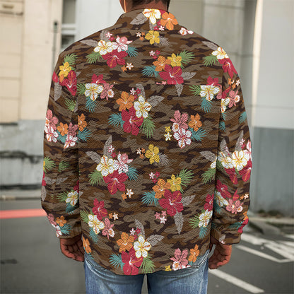 Brown Camo Hibiscus Flower Print Men's Shirt Jacket