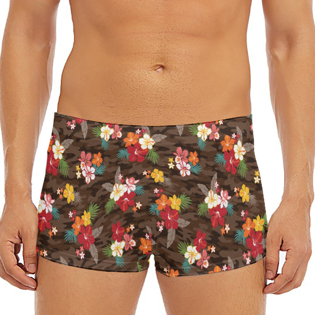 Brown Camo Hibiscus Flower Print Men's Short Boxer Briefs
