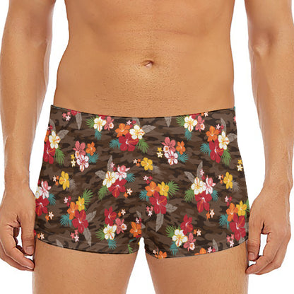 Brown Camo Hibiscus Flower Print Men's Short Boxer Briefs