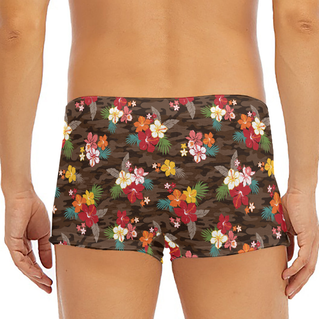 Brown Camo Hibiscus Flower Print Men's Short Boxer Briefs