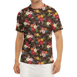 Brown Camo Hibiscus Flower Print Men's Short Sleeve Rash Guard