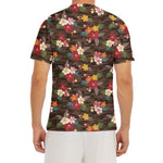 Brown Camo Hibiscus Flower Print Men's Short Sleeve Rash Guard