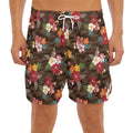 Brown Camo Hibiscus Flower Print Men's Split Running Shorts