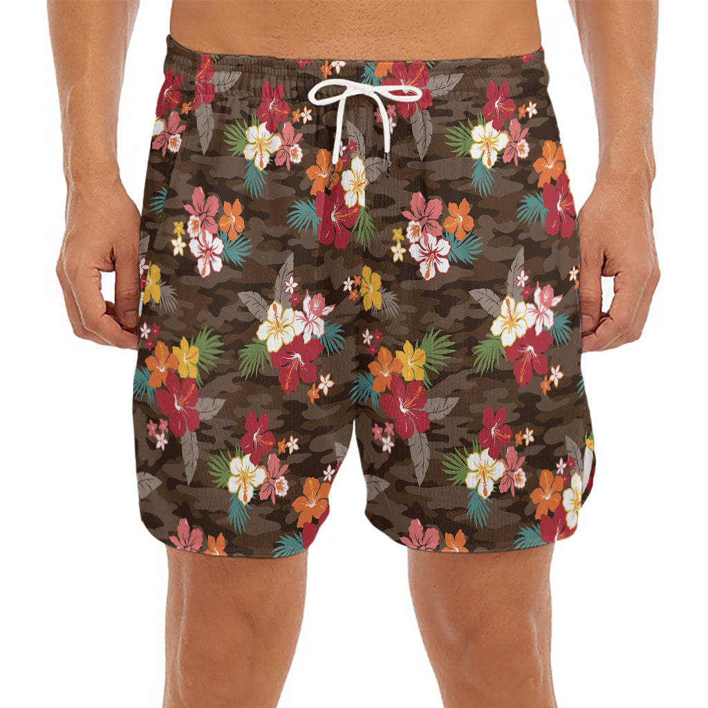Brown Camo Hibiscus Flower Print Men's Split Running Shorts