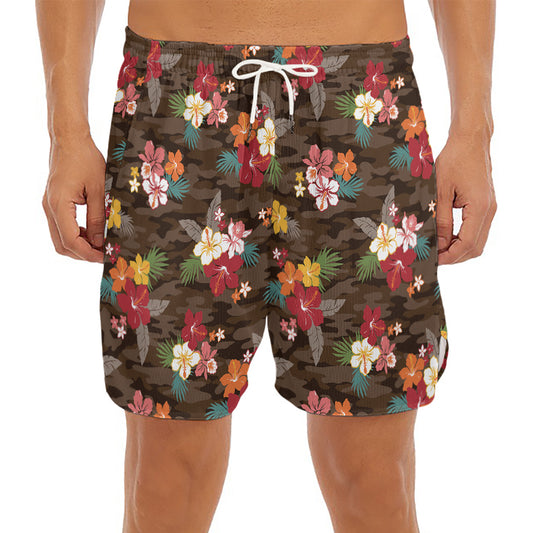 Brown Camo Hibiscus Flower Print Men's Split Running Shorts