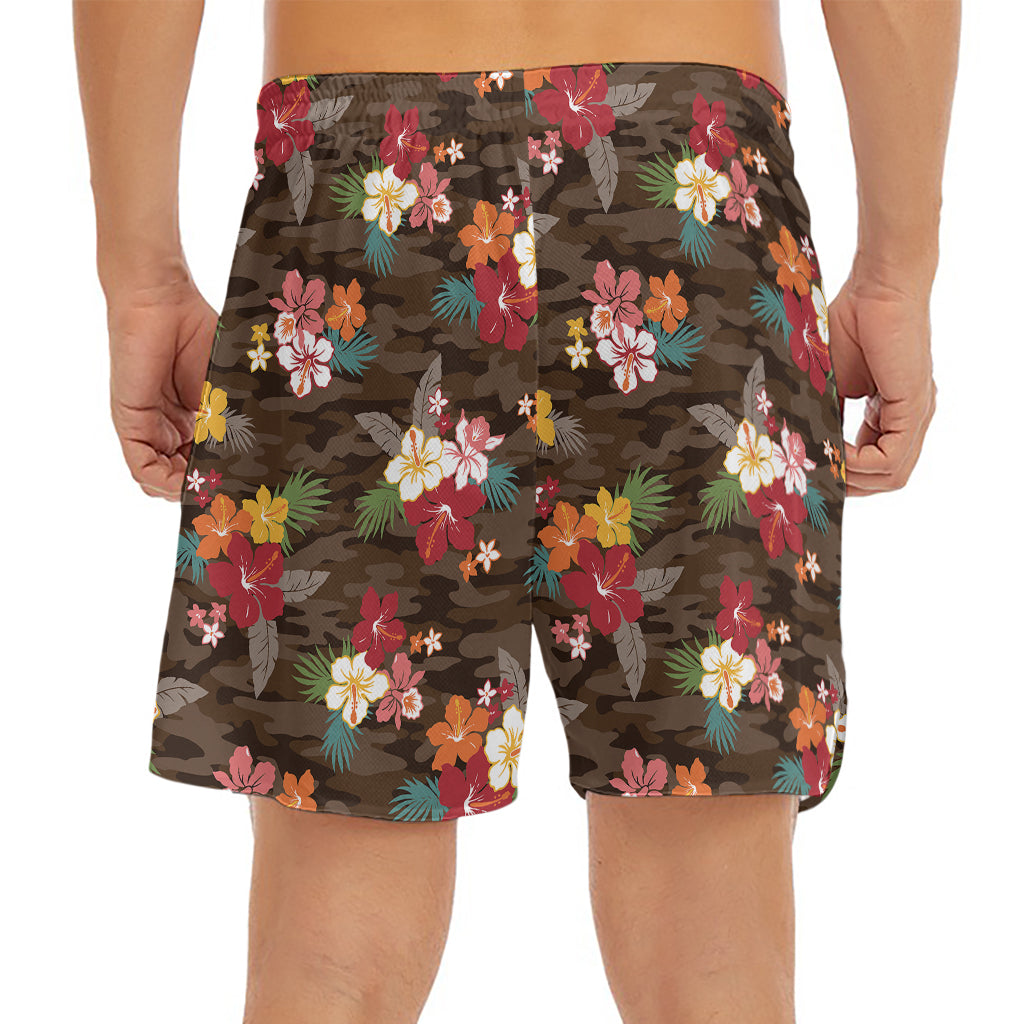 Brown Camo Hibiscus Flower Print Men's Split Running Shorts