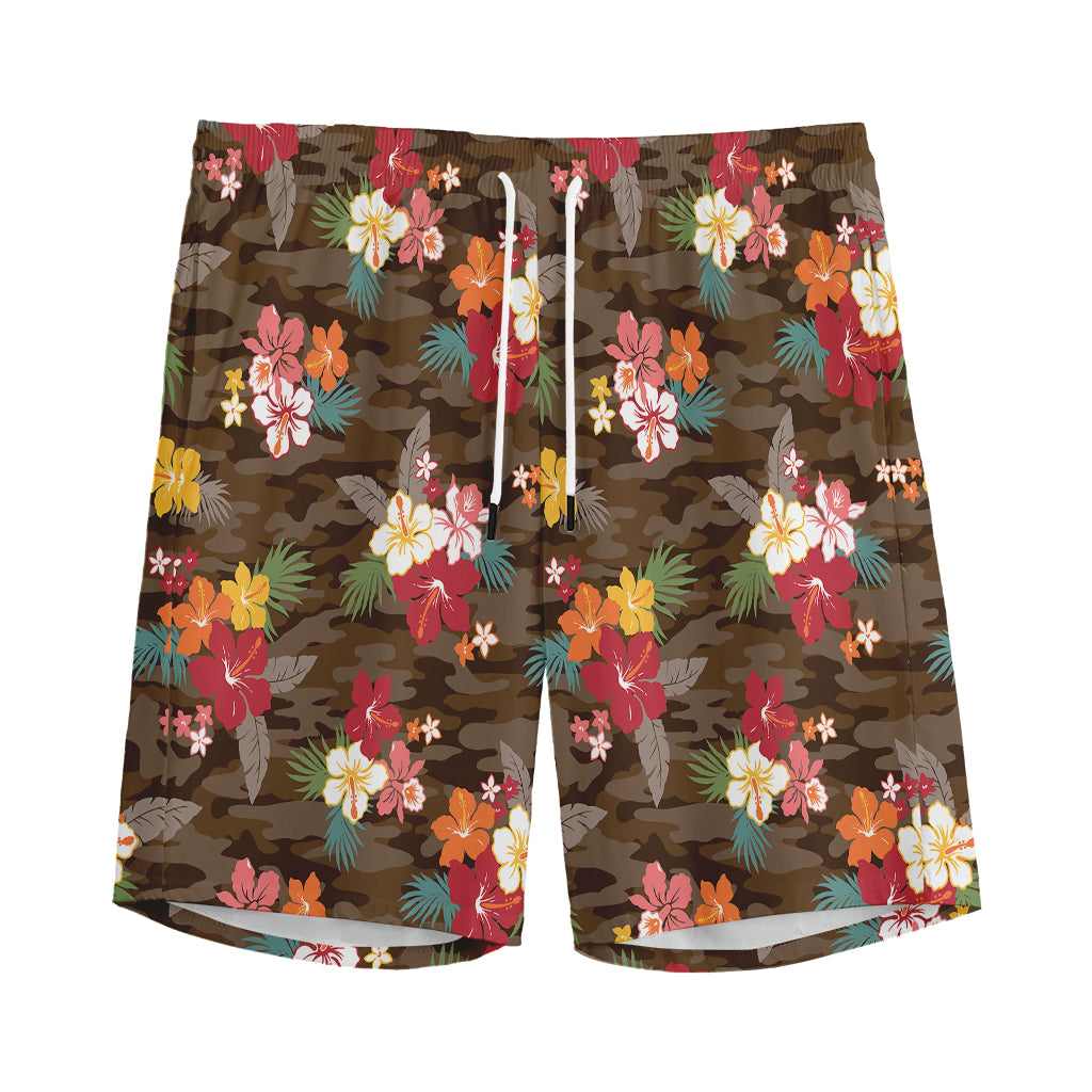 Brown Camo Hibiscus Flower Print Men's Sports Shorts