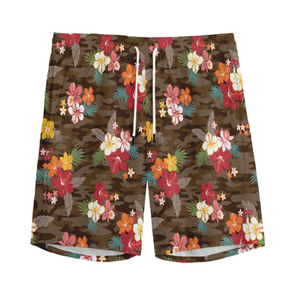 Brown Camo Hibiscus Flower Print Men's Sports Shorts