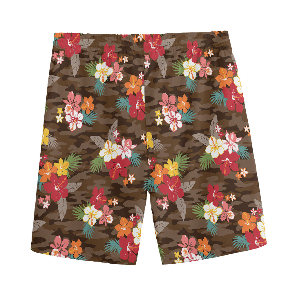 Brown Camo Hibiscus Flower Print Men's Sports Shorts