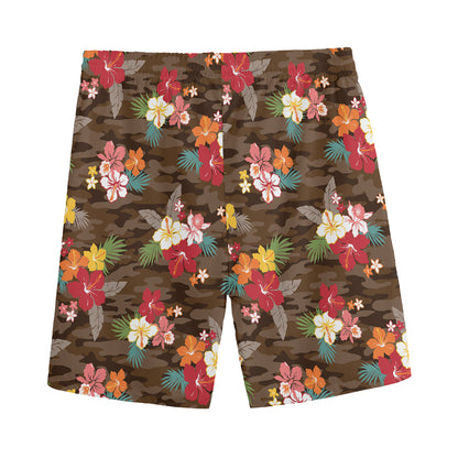 Brown Camo Hibiscus Flower Print Men's Sports Shorts