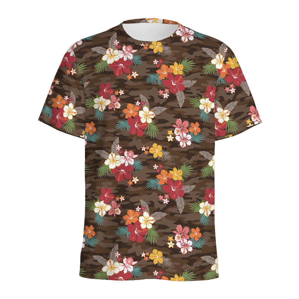 Brown Camo Hibiscus Flower Print Men's Sports T-Shirt